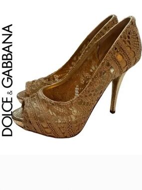 Stunning Dolce & Gabbana Metallic Gold Fabric Peep Toe Pump